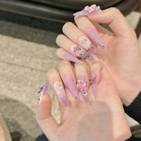 Conception #2448 de gros personnalisé longues gouttelettes français 3D fleur papillon violet presse sur les ongles acrylique ongles artificiels Art