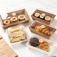 Boîte à sushi en papier kraft en gros avec couvercle transparent en PET, emballage jetable pour aliments japonais, pâtisseries, gâteaux et sandwichs