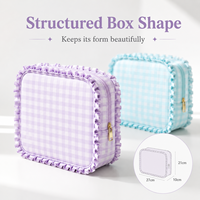 Trousse de Maquillage de Voyage en Gingham pour Femme, Grande Capacité, Organisateur Cosmétique à Ouverture Large, Sac de Toilette à Volants avec Fermeture Éclair Dorée
