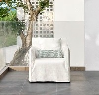 Sillón Moderno de Estilo Americano para Sala de Estar, Tapizado en Lino Blanco, con Brazos de Plumas de Ganso, Sofá Individual