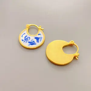 Ins 스타일 에나멜 블루와 화이트 도자기 패턴 라운드 귀걸이 중국 스타일 요소가있는 한국 패션 크리에이티브 새 귀걸이