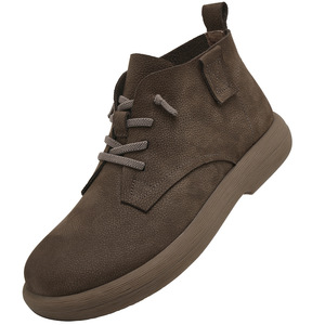 Chaussures de marche en cuir véritable pour hommes, bottes courtes à lacets en cuir grainé vintage, chaussures décontractées à semelle épaisse légère pour l'extérieur - Product Image 1