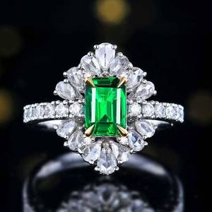 Elongated Rectangular Brilliant Cut Wharton <b>Green</b> Natural Emerald <b>Ring</b>, 18K Gold Setting Adorned 30 Large Shiny Side diamonds - Product Image 1