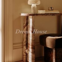 Table console ovale en marbre veiné naturel Dream Home avec plateau incrusté de sphères de pierre et pieds sculpturaux – Meuble d'appoint pour entrée