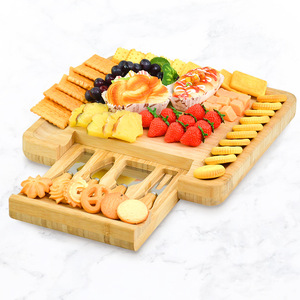 Bamboo Cheese Board <b>Set</b> With Knives <b>Square</b> Cutting Platter For Serving Snacks And Appetizers - Product Image 1