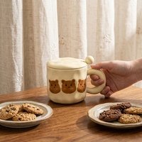 Ensemble de tasses en céramique Kawaii Bear, style girly, poignée irrégulière et dodue, 400 ml, passe au lave-vaisselle et au micro-ondes, avec couvercle et cuillère pour café/lait