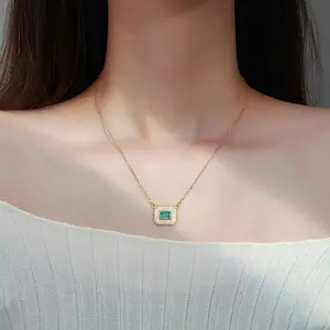 Fashionable 925 Sterling Silver Geometric Square Aquamarine 18k Gold Plated Pendant Women's Necklace Jewelry