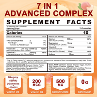 Complément alimentaire en gommes végétaliennes sans sucre, saveur pêche, marque privée, 7-en-1, Vitamine D3 10000 UI, Complexe K2, avec Calcium, Magnésium et Zinc