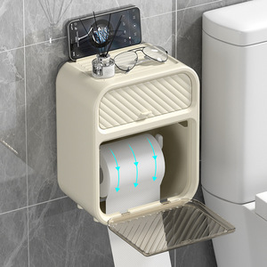<b>Wall</b> Mounted Toilet Paper Holder Shelf Double Layer Storage Box For Bathroom With <b>Mirror</b> And Drawer - Product Image 4