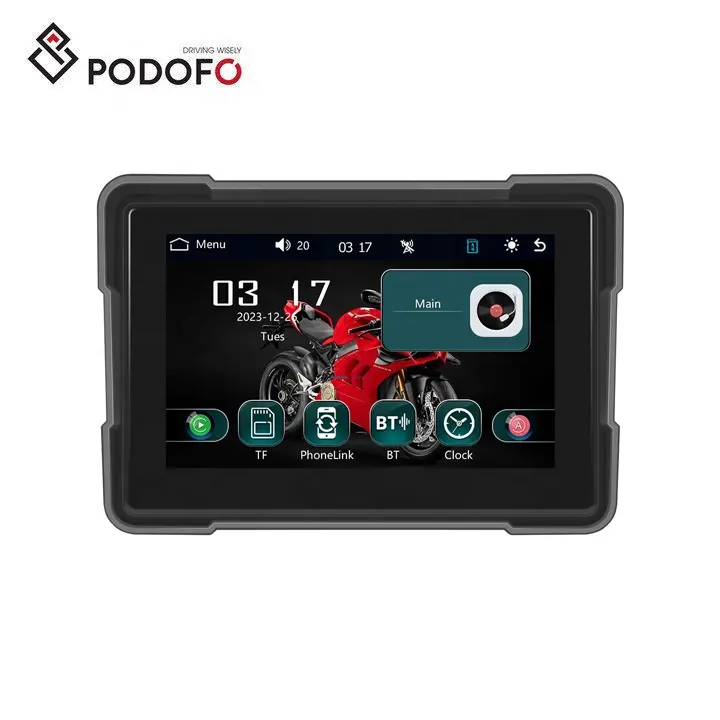 Podofo 5" หน้าจอสัมผัสรถจักรยานยนต์ไร้สายCarplay AndroidนําทางอัตโนมัติNavigator GPS IP67 กันน้ําสําหรับรถจักรยานยนต์BT EQ FM