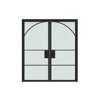 Porte battante en acier et verre au design arqué noir, cadre en fer cannelé, double porte intérieure française avec verre