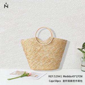 Bolso de mano redondo de paja con asa de ratán 45x27cm con pañuelo de seda adjunto - Product Image 2