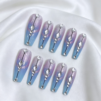Ongles en forme de cercueil, effet ombré, longs, bleus, effet œil de chat, brillants, faits à la main en ABS avec strass transparents, 10 pièces, ongles ballerine lavande