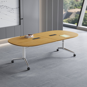 Table de conférence ovale pliable, grain de bois jaune, mobile, extensible, bureau, salle de réunion - Product Image 2