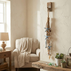 Décoration murale en corde de chanvre à thème océanique avec étoile de mer, coquillages et pompons, pour la décoration de la maison de style côtier, salon, chambre, extérieur - Product Image 2