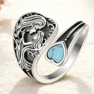 Japanese Korean Style Heart Shape Adjustable <b>Ring</b> With <b>Turquoise</b> Inlay For Women Mother Daughter Matching Gift Jewelry - Product Image 4