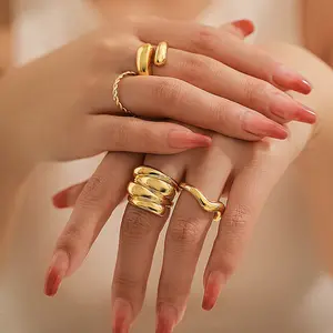 Conjunto de joia de ouro robusta e curvada geométrica para mulheres, conjunto de anel aberto de bola lisa exagerada europeia e americana