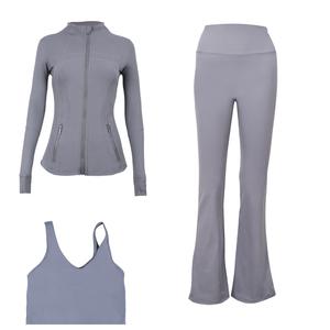 Ensemble de sport trois pièces pour femmes, pantalon évasé, veste, soutien-gorge dos en U, sensation de nu, course à pied, yoga, spandex - Product Image 4