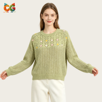 Nouvelle Arrivée CG Pull Léger pour Femme, Col Rond, Broderie Florale, Pointelle, Manches Raglan, Coupe Ample, Tricot d'Hiver OEM