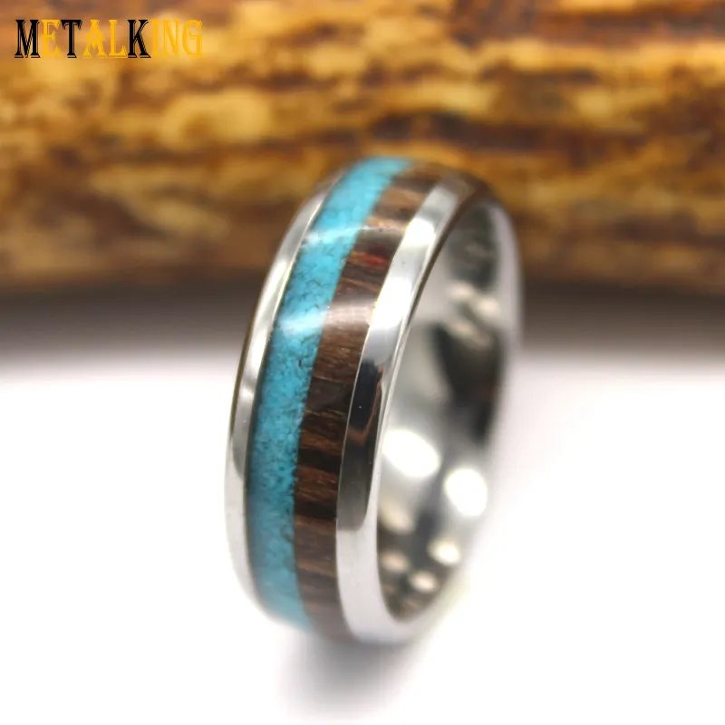 Verpletterd Turquoise en Hout Ingelegd Tungsten Carbide Ring voor Mannen Vrouwen Overkoepelde 8mm 6mm