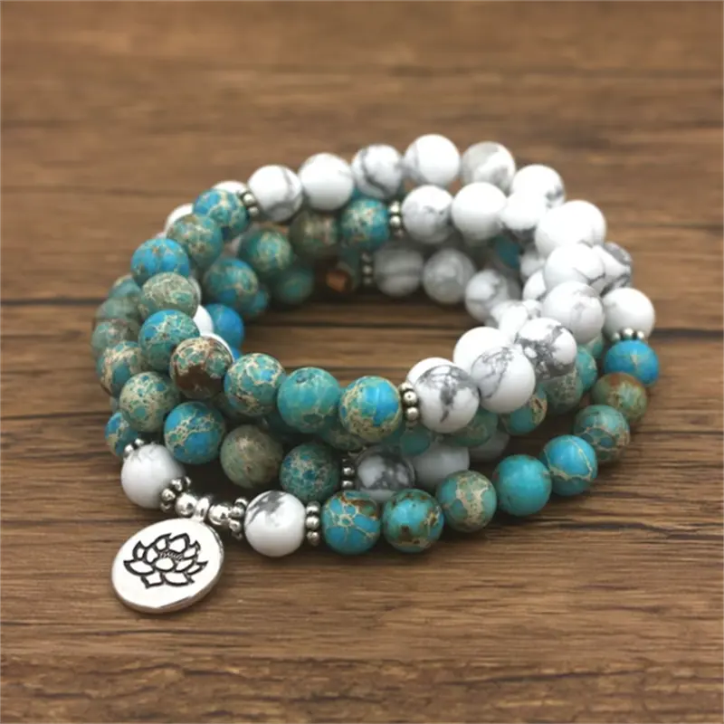 108 Beads Mala Prayer Yoga Necklace Natural 8mm Imperial Jasper White Howlite Turquoise Beads Healing Balancing Stone Bracelet