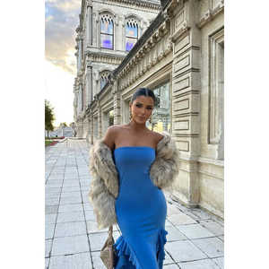 Indigo <b>Strapless</b> Ball Gown <b>Dress</b> Deep Slit Satin Polyester Empire Waistline Formal Party Style Vintage ODM XL Size for <b>Summer</b> - Product Image 2