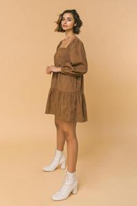 New Design Corduroy Mini <strong>Dress</strong> Featuring square Neckline <strong>Peasant</strong> Sleeve Tiered Body Patchwork Woman <strong>Dress</strong> - Product Image 2
