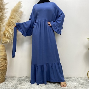 9.9USD High Quality Women Dress Special Pleated Sleeves Round Neck Back Zipper With Belt Casual Elegant Abaya Dress - Product Image 5