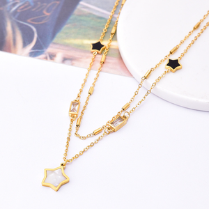 Collier Double couche à cinq branches en acier inoxydable pour femmes et filles, pendentif en coquillage noir et blanc avec diamant carré - Product Image 3