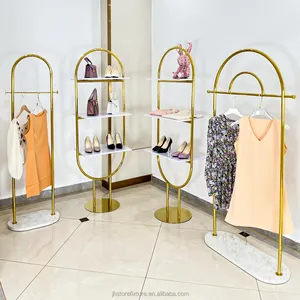 Luxury High End Store Pretty Metal Garment Racks And Clothes Display Stand Shelf Gold For Clothing Shop