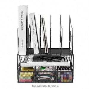 3 Tier Desktop A4 Office Mesh Desk Tidy <b>File</b> Holder Paper Organiser Magazine <b>Storage</b> Filing Rack with Stationery Drawer - Product Image 2
