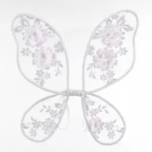 White Butterfly Fairy Wings Costume Kids Birthday Party Girl White Embroidered Flowers Lace Butterfly Wings