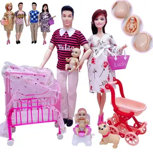 新しい赤ちゃん幼児教育プラスチック妊娠中の人形のおもちゃ女の子のためのファッション家族用カートクレードル人形のおもちゃ