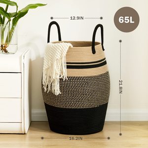 Cesto de Ropa Grande de 65L, Cesta de Almacenamiento Alta Tejida de Cuerda de Algodón para Ropa, Dormitorio, Sala de Estar, Organización, Plegable - Product Image 3