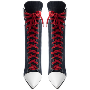 Botas Curtas de Salto Alto Fino Estilo Retrô para Mulheres, Tamanho Grande 47, Sapatos com Cadarço, Botinhas de Denim em Patchwork - Product Image 3