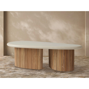 Mesa de Centro para Exteriores Estilo <span class=keywords><strong>Alesso</strong></span>, Ovalada, con Tapa de Piedra Blanca, Base Acanalada de Madera de Teca Sólida, Mesa Moderna para Patio y Jardín - Product Image 1
