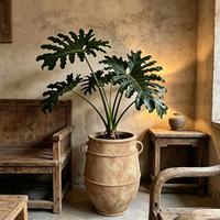Pot en fibre d'argile fait main Wabi Sabi, avec corde vieillie et poignées gaufrées, pour plantes à feuillage large d'intérieur et d'extérieur, décoration intérieure