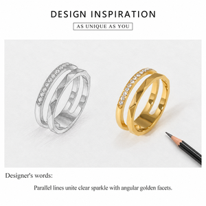 Anillo de acero inoxidable con líneas paralelas, chapado al vacío en oro de 14K con circonita - Product Image 4