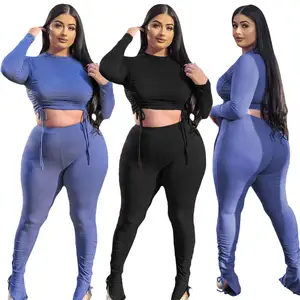 महिलाओं 2021 प्लस आकार XL-4XL दो टुकड़ा सेट Tracksuit लंबी आस्तीन Drawstring पसीना सूट 2 Pcs आउटफिट मिलान सेट