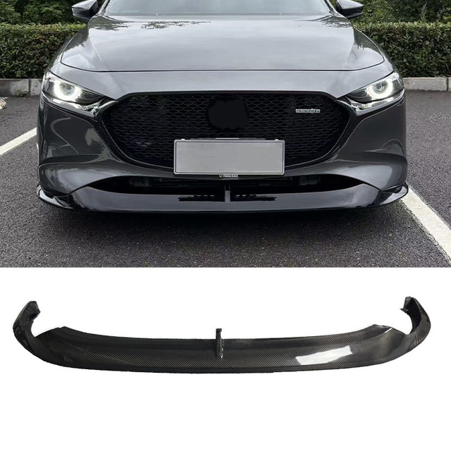 Carbon Fiber Body Kit for Mazda 3 Hatchback Models From 19 to 26, Featuring the Speed Style and a Bright Black Front Lip.