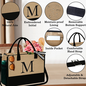 Personnalisé plage voyage shopping épicerie cadeaux de mariage portable étanche initiales fourre-tout noir utilisé sac de jute - Product Image 2