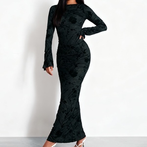 Robes longues ajustées pour femmes, nouveau style, col rond, manches longues, imprimées, dos nu, avec détail de nouage, tendance - Product Image 5