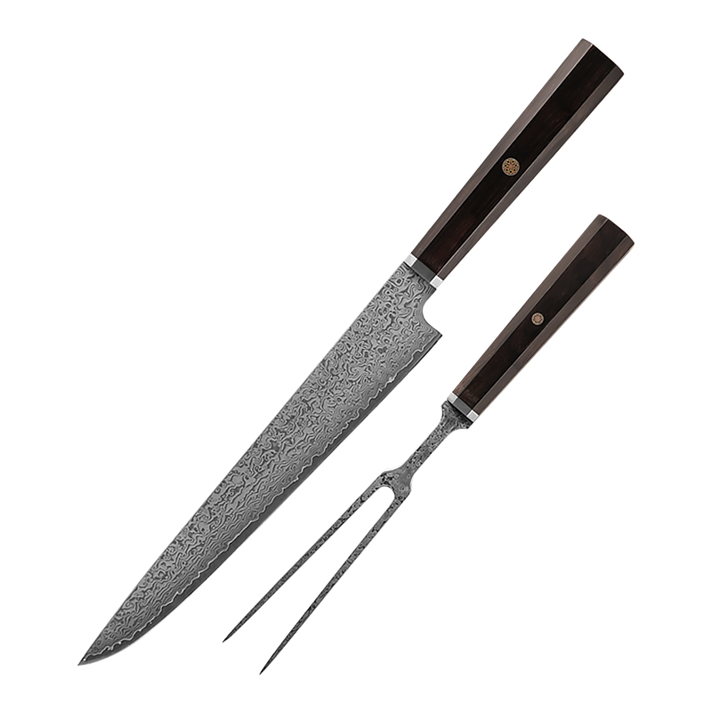 Carving knife and fork set with 10" carving knife  7" straight fork mosaic rivet damascus steel ebony wood handle knife bag