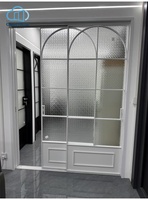 Porte pliante en aluminium à 3 panneaux, bleu brume, avec grille en forme d'arche, motif ondulé, en verre, pour intérieur moderne, grande ouverture, idéale pour les gîtes.