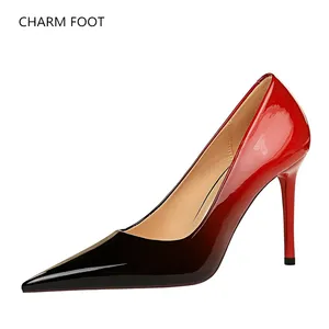 European and American thin heel high heel light pointed patent leather color contrast color gradient lady high heels shoes