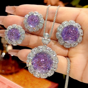 High-end Eco-friendly Copper <b>Women</b> Floral Design Jewelry <b>Set</b> Rose Cut 18-16mm Purple Cubic Zirconia Pendant Earrings <b>Ring</b> <b>Set</b> - Product Image 3