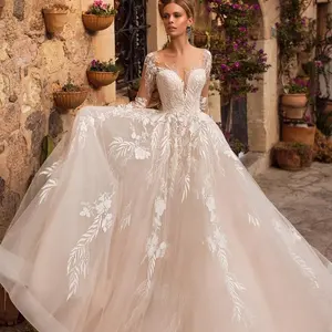 2020 Suzhou Lace Long Sleeve Luxury Bridal Ball Gown Wedding Dress