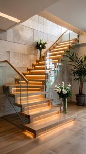 <span class=keywords><strong>Escalier</strong></span> flottant Prima Elegant avec marches <span class=keywords><strong>en</strong></span> chêne naturel et garde-corps <span class=keywords><strong>en</strong></span> panneaux de verre transparent pour des intérieurs modernes et intemporels - Product Image 3