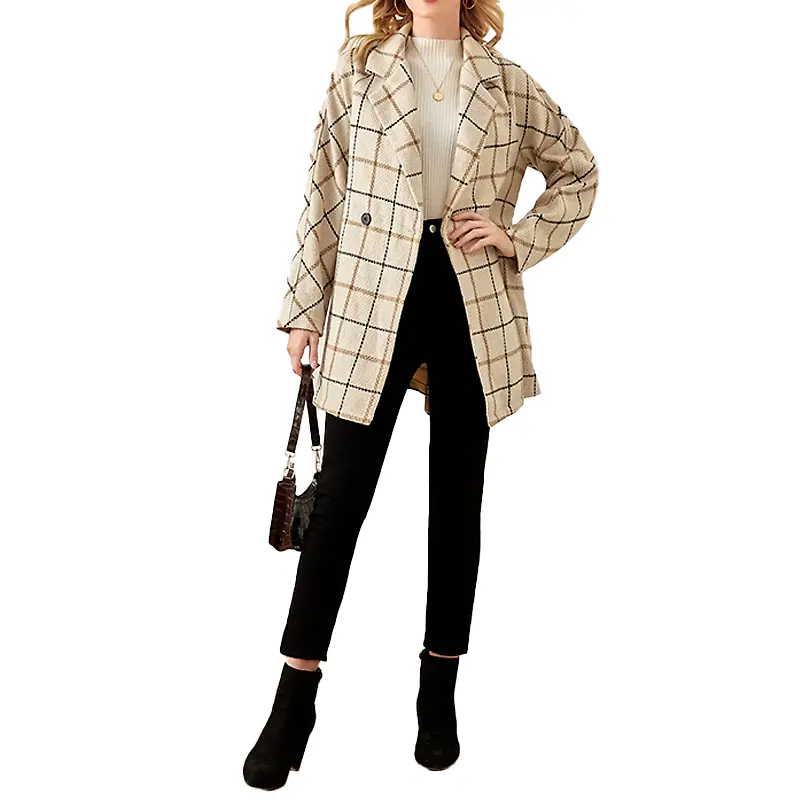 Custom Solid Color New Fashion Luxury Midium Length Women's Jackets and Coats Open Front Plaid Ladies Winter Coats