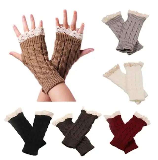 Inverno Outono Mulheres Moda Lace Trims Longo Fingerless Malha Crochet Mitten Wrist Warmer Luvas Wrist Arm Hand Warmer